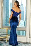 Royal Blue Off the Shoulder Pailletten Schede Lange Galajurk