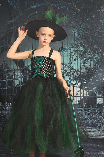 Donkergroene Lace-Up Front Tule Halloween Meisje Jurk
