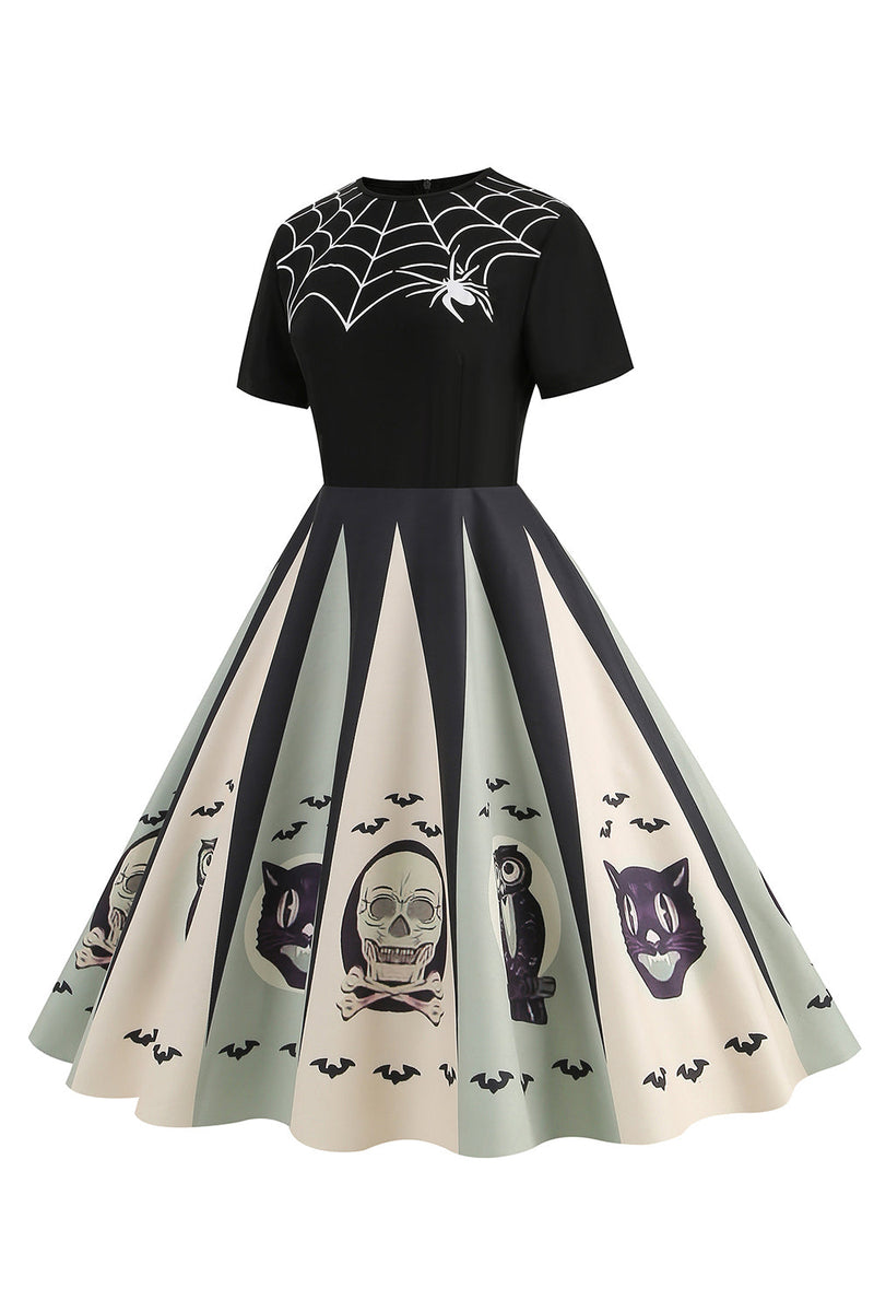 Afbeelding in Gallery-weergave laden, Halloween A-lijn ronde hals korte mouwen jurk