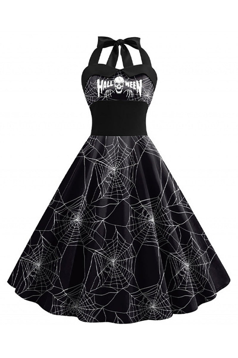 Afbeelding in Gallery-weergave laden, Halloween patroon zwarte halter hals vintage jurk
