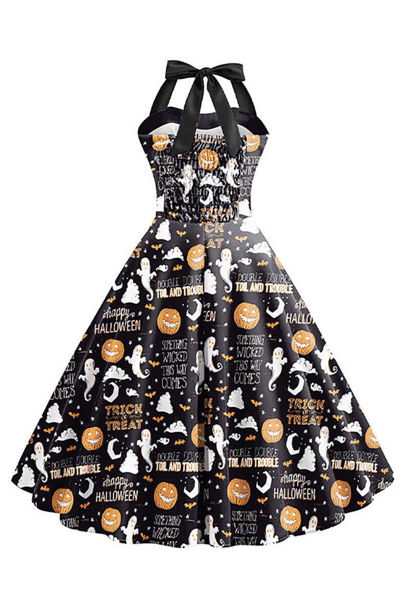 Afbeelding in Gallery-weergave laden, Halloween patroon zwarte halter hals vintage jurk