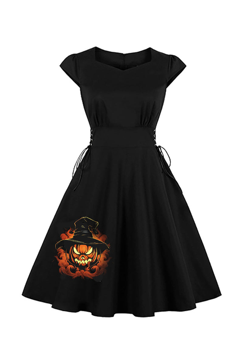 Afbeelding in Gallery-weergave laden, Zwarte Wizard Patroon Halloween A-lijn Sweatheart Vintage Jurk
