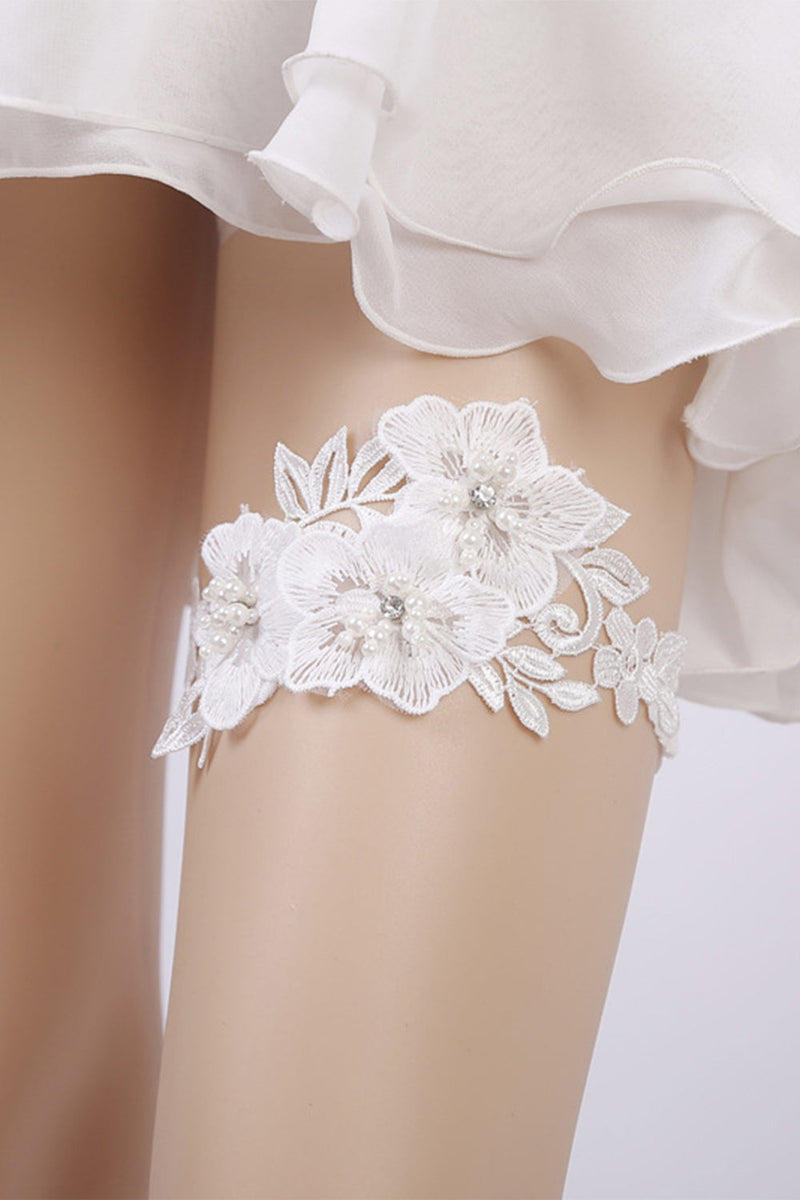 Afbeelding in Gallery-weergave laden, Witte kant bloemen kralen bruiloft kousenband