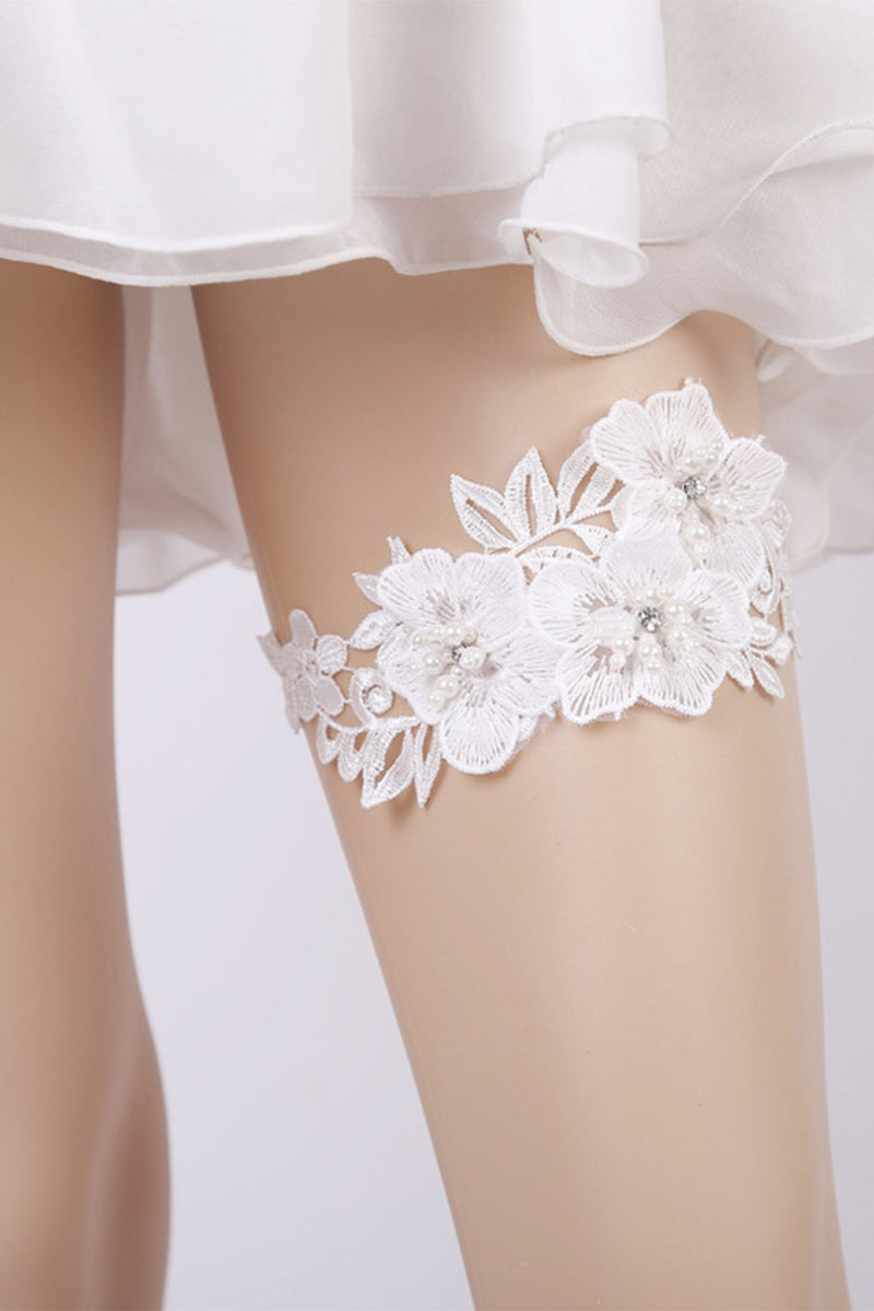 Afbeelding in Gallery-weergave laden, Witte kant bloemen kralen bruiloft kousenband