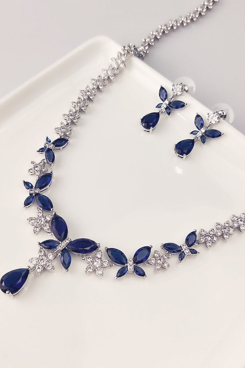 Afbeelding in Gallery-weergave laden, Royal Blue Butterfly Crystal Drop Oorbellen Ketting Sieraden Set
