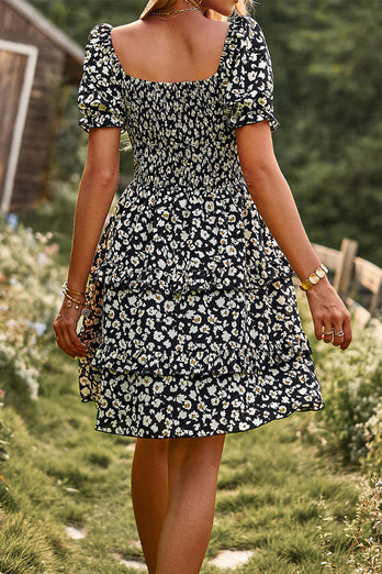Off the Shoulder Zwarte Bloemenprint Zomerjurk