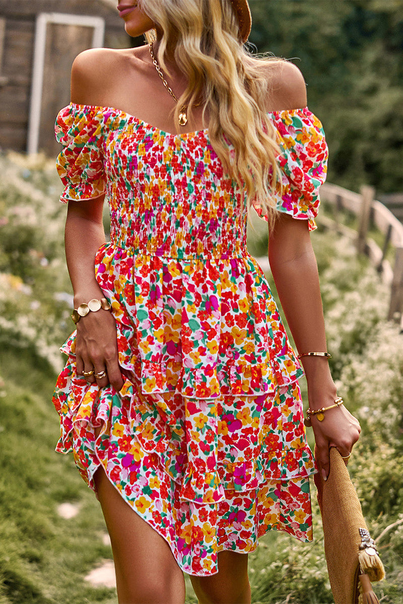 Afbeelding in Gallery-weergave laden, Off the Shoulder Zwarte Bloemenprint Zomerjurk