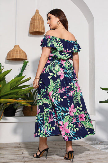 Plus Size Zwart Bedrukt Van de Schouder Boho Maxi Jurk