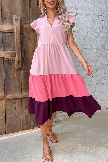 V Hals Gradient Roze Zomerjurk met Vlindermouwen
