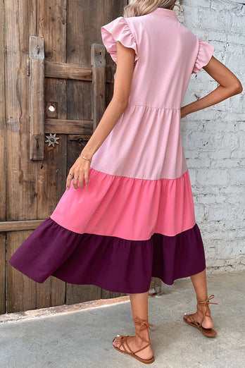 V Hals Gradient Roze Zomerjurk met Vlindermouwen