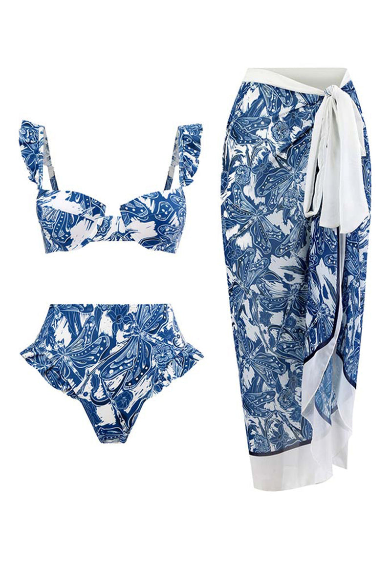 Afbeelding in Gallery-weergave laden, 3-delige blauw bedrukte bikini set tie strandjurk