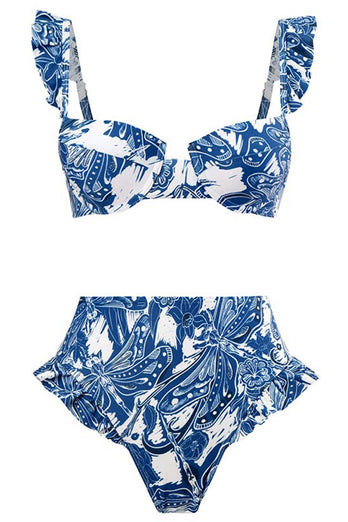 3-delige blauw bedrukte bikini set tie strandjurk