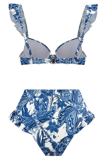 3-delige blauw bedrukte bikini set tie strandjurk
