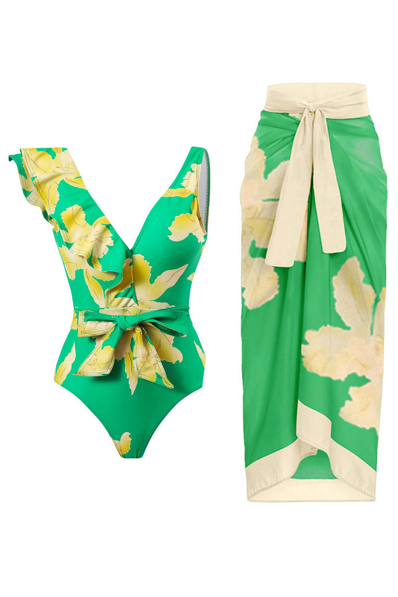 Afbeelding in Gallery-weergave laden, Tweedelige bedrukte groene bikiniset met strandrok