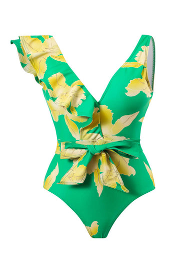 Tweedelige bedrukte groene bikiniset met strandrok