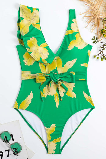 Tweedelige bedrukte groene bikiniset met strandrok