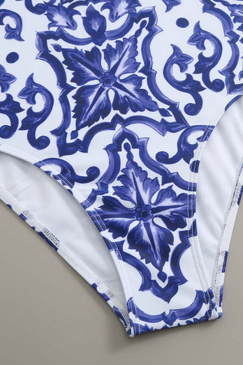 Blauw en wit porselein met hoge taille eendelige badmode