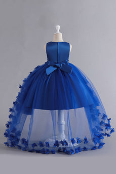 Blauwe Hoge Lage Meisjes jurk met Bowknot
