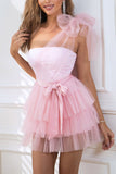 One Shoulder Tule Roze Cocktail Jurk met Strik