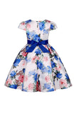 Blauwe Bloemen Meisjes Jurk met Bowknot