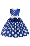 Donkerblauwe Polka Dots Meisjes Jurk met Bowknot