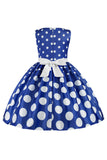 Donkerblauwe Polka Dots Meisjes Jurk met Bowknot