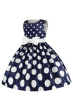 Donkerblauwe Polka Dots Meisjes Jurk met Bowknot