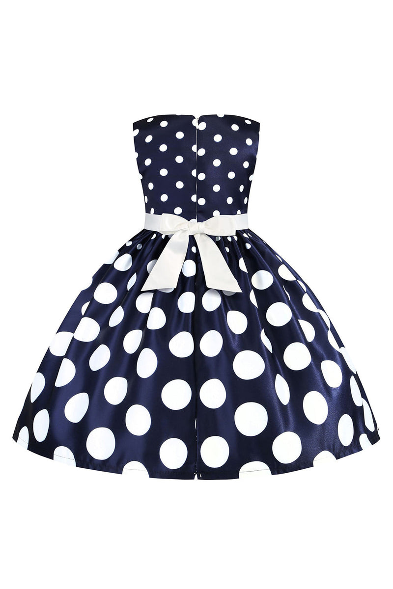 Afbeelding in Gallery-weergave laden, Donkerblauwe Polka Dots Meisjes Jurk met Bowknot