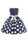 Donkerblauwe Polka Dots Meisjes Jurk met Bowknot