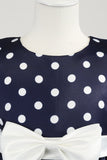 Donkerblauwe Polka Dots Meisjes Jurk met Bowknot