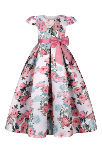 Blush Print Bloemen Lange Meisjes Jurk met Bowknot