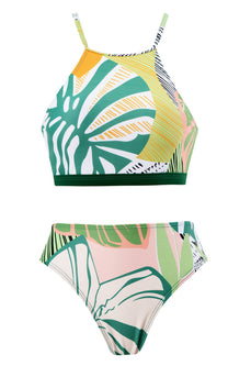 Tweedelige groene bedrukte bikiniset met strandrok