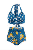 Blauwe tweedelige polka dots met hoge taille Badmode