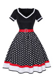 Zwarte V-hals Polka Dots 1950s Jurk