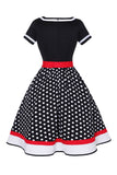 Zwarte V-hals Polka Dots 1950s Jurk