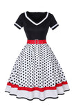 Zwarte V-hals Polka Dots 1950s Jurk