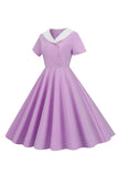 Roze Peter Pan Kraag Swing 1950s Jurk met korte mouwen