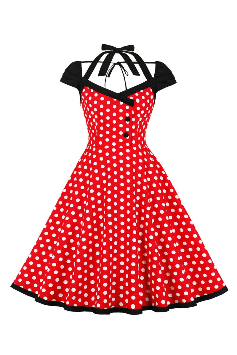 Afbeelding in Gallery-weergave laden, Rode Polka Dots Halter Swing 1950s Jurk