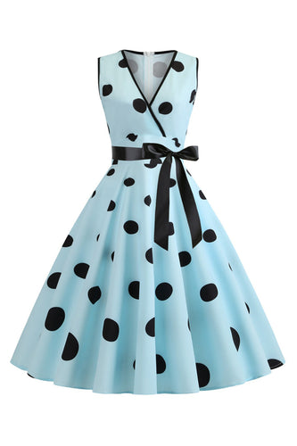 Lichtblauwe stippen Vintage jaren 1950 jurk