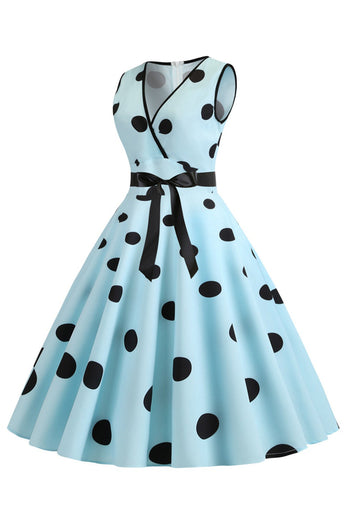 Lichtblauwe stippen Vintage jaren 1950 jurk
