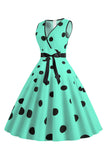 Lichtblauwe stippen Vintage jaren 1950 jurk