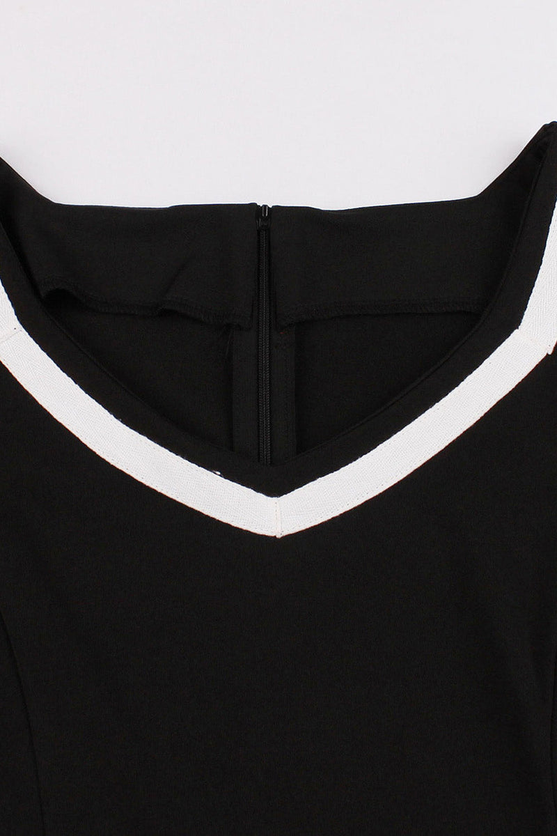 Afbeelding in Gallery-weergave laden, V-hals korte mouwen zwarte jaren 1950 jurk met riem