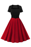 Retro stijl vierkante hals bordeauxrode jaren 1950 jurk
