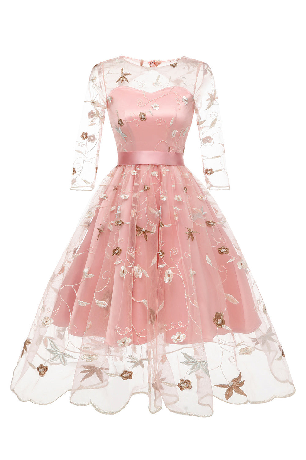 A lijn vierkante hals roze jaren 1950 jurk met halve mouwen