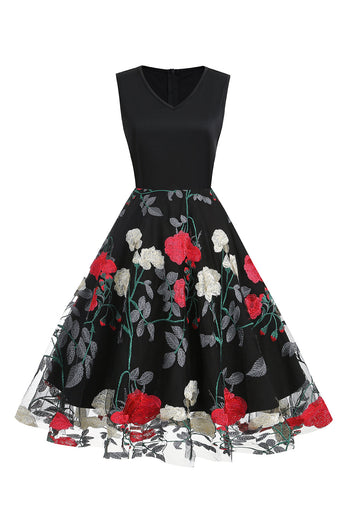 Fuchsia en zwarte vintage jaren 1950 jurk