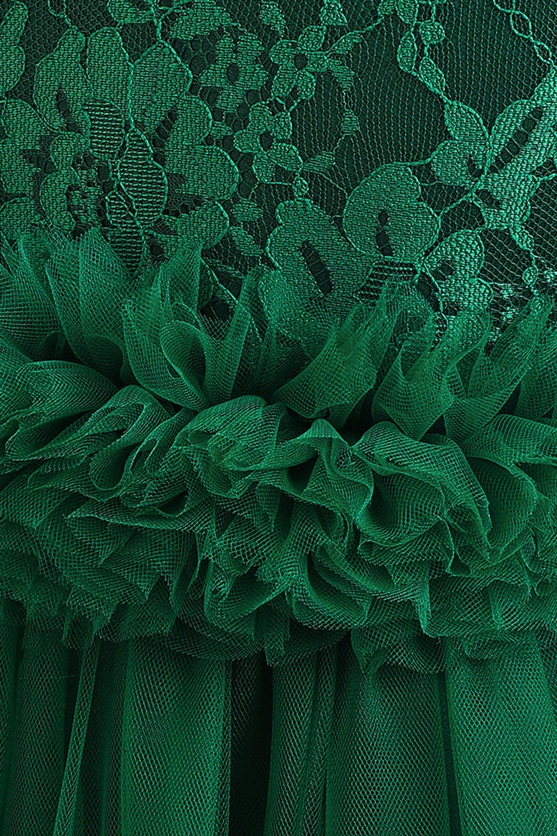 Afbeelding in Gallery-weergave laden, Mouwloze groene tule A lijn meisje jurk met kant