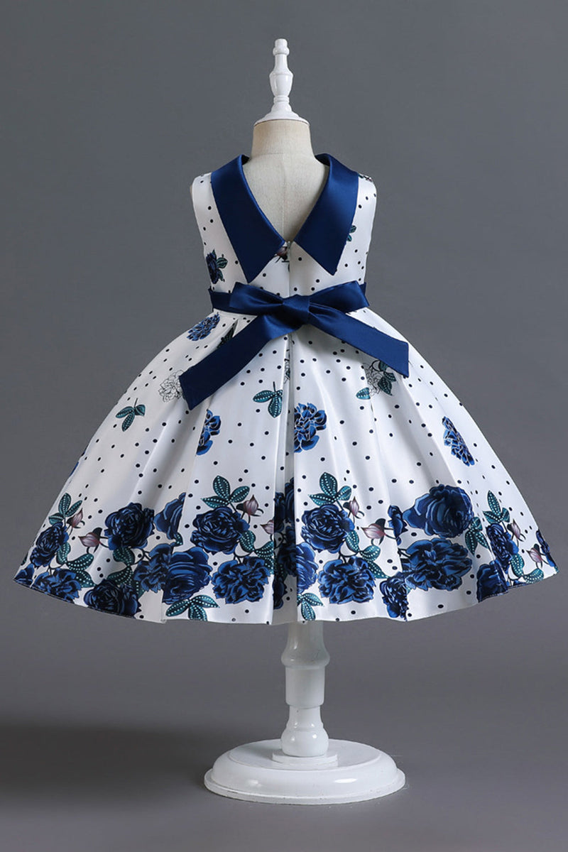 Afbeelding in Gallery-weergave laden, A lijn juweel hals blauw bedrukt meisje jurk