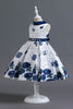 Afbeelding in Gallery-weergave laden, A lijn juweel hals blauw bedrukt meisje jurk