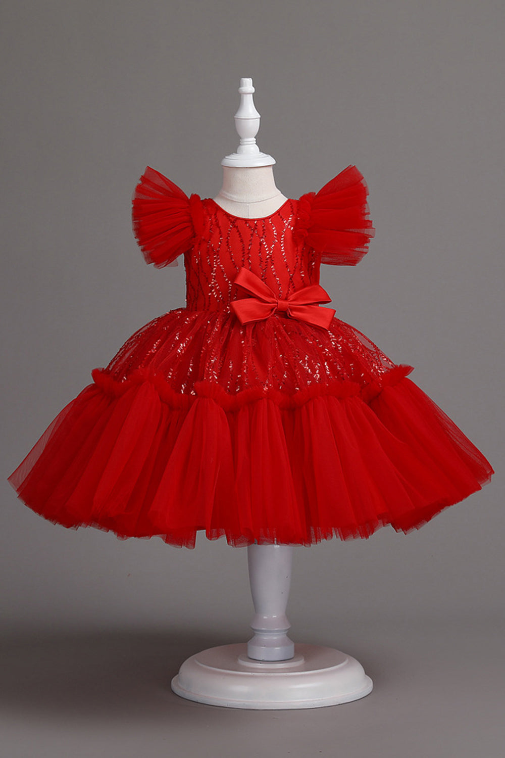 A lijn juweel hals rood meisje jurk met bowknot