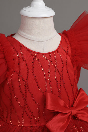 A lijn juweel hals rood meisje jurk met bowknot